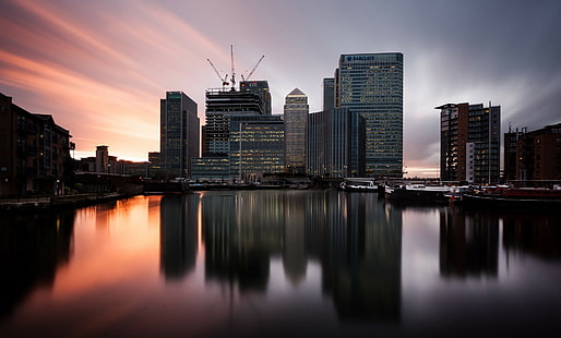 Londres, Inglaterra, puesta de sol, crepúsculo, puesta de sol, Londres, Inglaterra, Reino Unido, Canary Wharf, Fondo de pantalla HD HD wallpaper