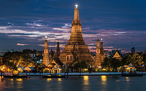 edificio emblemático marrón, paisaje, edificio, edificio antiguo, Bangkok, Tailandia, templo, río, puesta de sol, Fondo de pantalla HD HD wallpaper