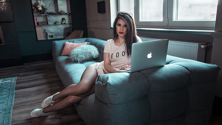 Anna Wolf, women, sitting, sneakers, fishnet stockings, T-shirt, laptop, couch, jean shorts, red lipstick, cat ears, HD wallpaper