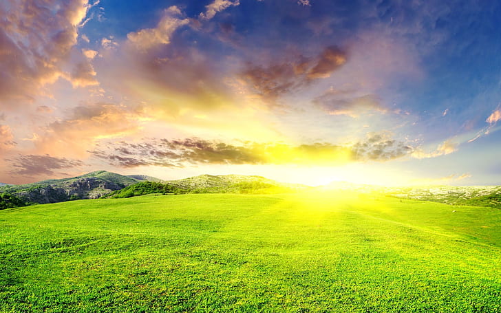 Herrlicher Frühlingssonnenuntergang, Landschaft, Sommer, Natur, Hügel, HD-Hintergrundbild