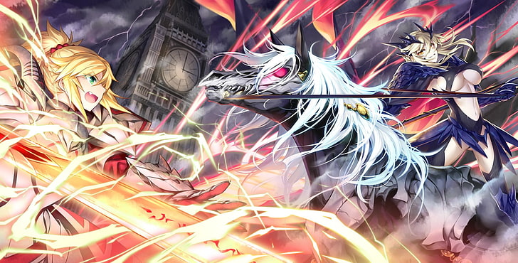 Fate Grand Order Sabre Мордред и Лансер Альтрия Альтер цифровые обои, Fate / Grand Order, конь, меч, Fate Series, Сабля, HD обои