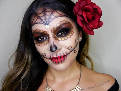 Sugar Skull ، Dia de los Muertos ، النساء ، طلاء الوجه ، الزهرة في الشعر ، سمراء، خلفية HD HD wallpaper