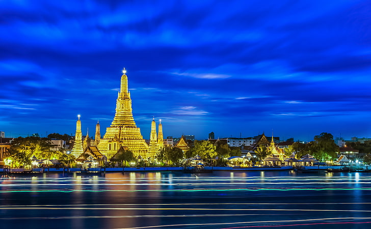 бежевый храм, таиланд, город, городской пейзаж, длительная выдержка, таиланд, бангкок, буддизм, световые трассы, HD обои