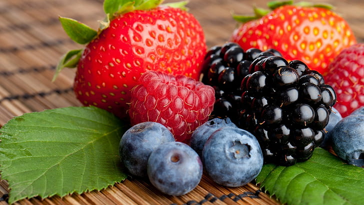 ягоды, фрукты, клубника, малина, черника, крупным планом, HD обои