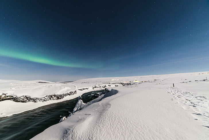 snow-field during daytime with northern lights, Paths, snow-field, daytime, northern lights, Footprints, D750, Nikon, Winter, Nature, Stars, Walking, Outdoor, Long Exposure, Iceland, Blue  River, Akureyri, Hiking, Northern  Sky, Commons, Travel, Northeast, snow, mountain, ice, landscape, outdoors, blue, sky, cold - Temperature, HD wallpaper