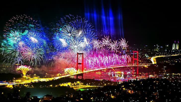 malam, Selat, liburan, salut, Istanbul, Turki, Bosphorus, jembatan Bosphorus, Wallpaper HD