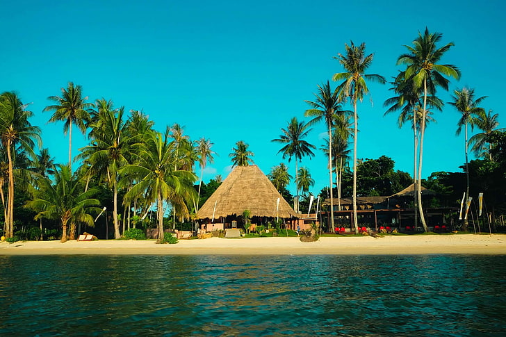 ビーチ、海岸、エキゾチック、hdr、休日、小屋、牧歌的な、海、海辺、ヤシの木、ヤシの木、楽園、反射、砂、海、海辺、タイ、観光、旅行、熱帯、休暇、水、 HDデスクトップの壁紙