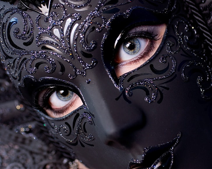 máscara de mascarada de cara completa negra, máscara, ojos azules, negro, máscaras venecianas, mujeres, ojos, Fondo de pantalla HD