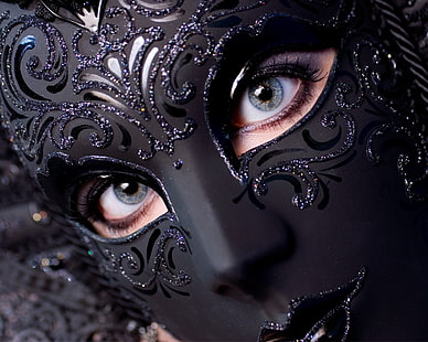 máscara de mascarada de cara completa negra, máscara, ojos azules, negro, máscaras venecianas, mujeres, ojos, Fondo de pantalla HD HD wallpaper