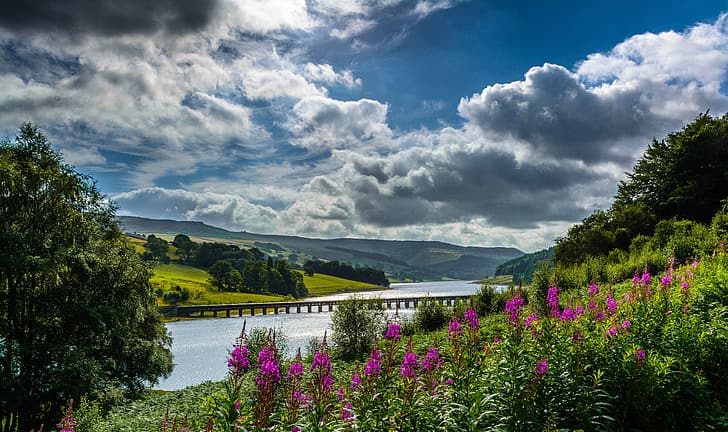 clouds, flowers, bridge, England, valley, Derbyshire, Peak District, reservoir, The Peak District, Ladybower Reservoir, Derwent Valley, Reservoir Indeed, HD wallpaper