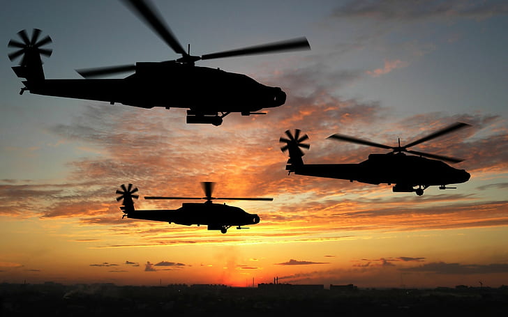 hélicoptères ah 64 apache silhouette militaire lever du soleil, Fond d'écran HD