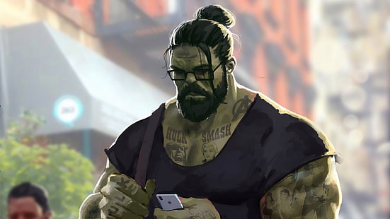 Hulk و Marvel Comics و hairbun والنظارات والوشم والهاتف الذكي و Apple Inc. و iPhone واللحية و The Avengers، خلفية HD HD wallpaper