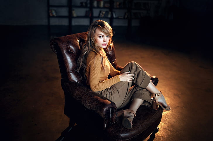 wanita, model, gelap, duduk, kursi, Anastasia Scheglova, Wallpaper HD