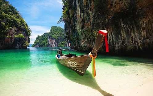 Andaman Sea Thailand, thailand, beach, andaman sea, rocks, boat, HD wallpaper HD wallpaper