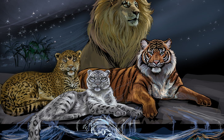 tiger and lion painting, lion, tiger, trees, waves, artwork, digital art, leopard, snow leopard, HD wallpaper