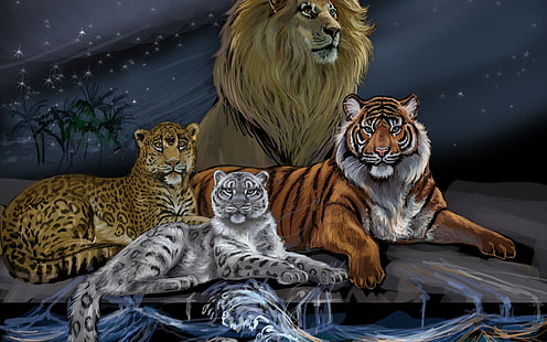 Tiger- und Löwemalerei, Löwe, Tiger, Bäume, Wellen, Grafik, digitale Kunst, Leopard, Schneeleopard, HD-Hintergrundbild HD wallpaper
