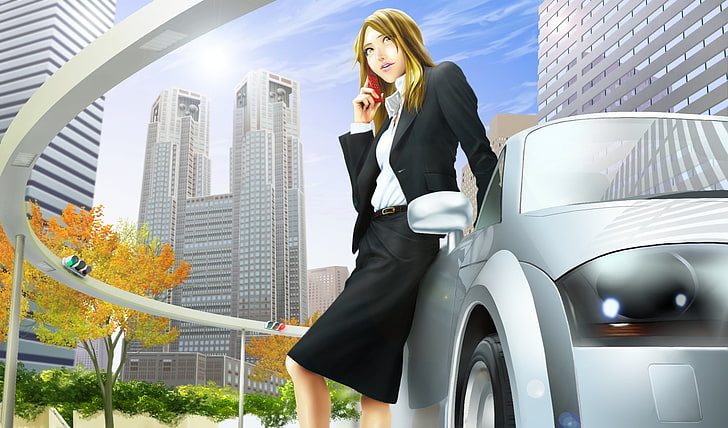 светловолосый женский аниме персонаж обои, девушка, телефон, машина, деловой костюм, город, HD обои