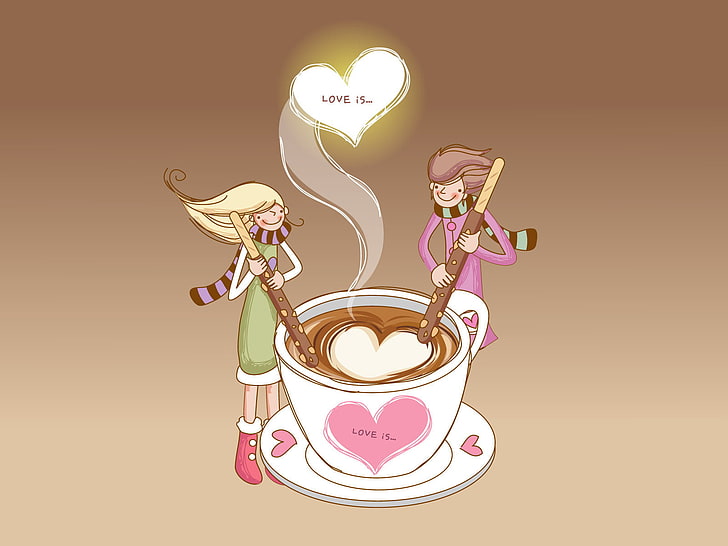 Любовта на кафе, две жени разбъркват чаша илюстрация, любов, кафе, двойка, HD тапет
