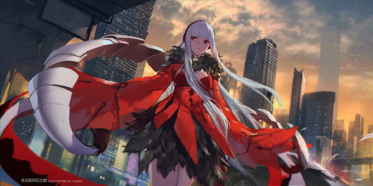 swd3e2, anime girls, rotes kleid, weiße haare, HD-Hintergrundbild