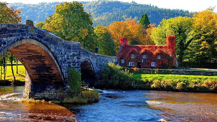 natureza, agua, canal, Via fluvial, árvore, rio Conwy, outono, rio, ponte, banco, ponte em arco, paisagem, atração turística, Reino Unido, país de Gales, Snowdonia, HD papel de parede