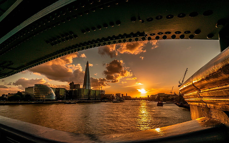 gray buildings, city, cityscape, London, London Bridge, bridge, sunset, skyscraper, fisheye lens, England, HD wallpaper