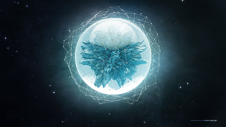abstract, Lacza, digital art, shapes, space, sphere, explosion, stars, wireframe, space art, low poly, cyan, HD wallpaper