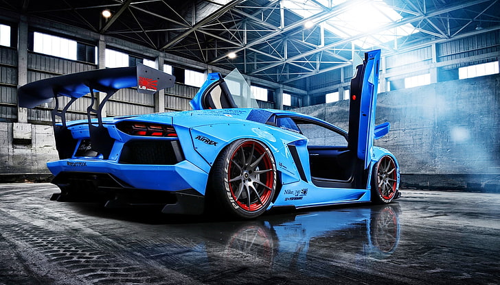 синий Lamborghini Aventador, Lamborghini, Синий, Солнце, Авентадор, Суперкар, LP720-4, Сзади, Свобода, Двери, Прогулка, Балка, LB Perfomance, HD обои