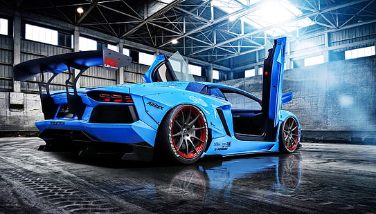 blue Lamborghini Aventador, Lamborghini, Blue, Sun, Aventador, Supercar, LP720-4, Rear, Liberty, Doors, Walk, Beam, LB Perfomance, HD wallpaper HD wallpaper