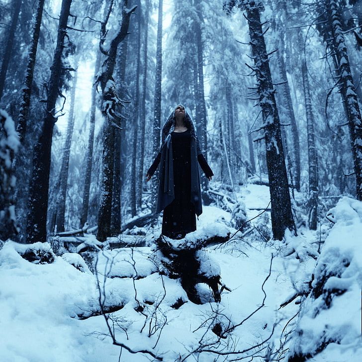 forest, girl, snow, Kindra Nikole, HD wallpaper
