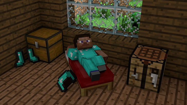 Minecraft game scene, man lying on bed Minecraft application screenshot, Minecraft, video games, Steve, HD wallpaper