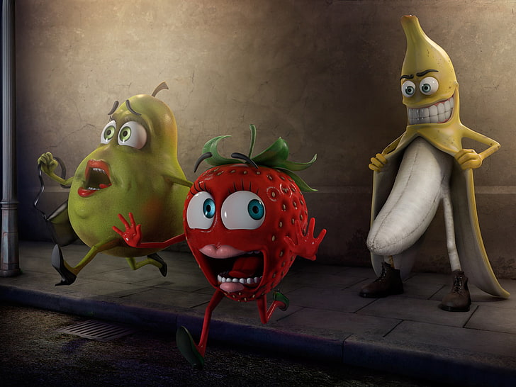 Banana Flasher, drei Fruchtcharaktere wallpaper, Lustig, rot, gelb, Frucht, Banane, smily, HD-Hintergrundbild