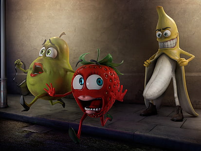 Banana Flasher, fondo de pantalla de tres personajes de frutas, divertido, rojo, amarillo, fruta, plátano, sonriente, Fondo de pantalla HD HD wallpaper