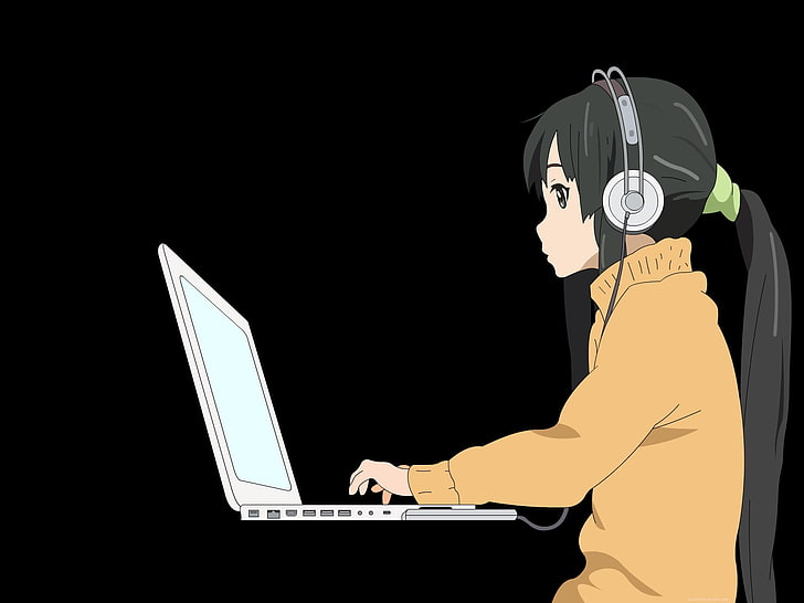female anime character digital wallpaper, k-on, akiyama mio, girl, headphones, computer, HD wallpaper