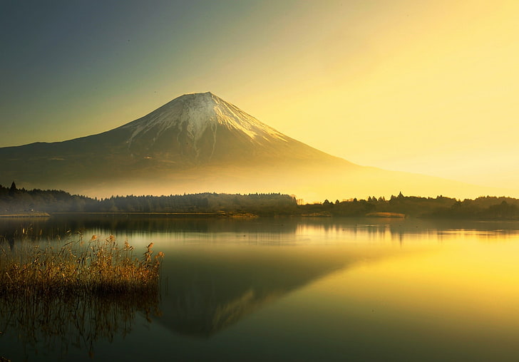 reflective photograph of Mt. Fuji, Japan, lake, mountains, Mount Fuji, landscape, volcano, Japan, HD wallpaper