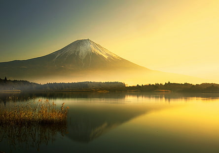 отразяваща снимка на планината Фуджи, Япония, езеро, планини, планина Фуджи, пейзаж, вулкан, Япония, HD тапет HD wallpaper