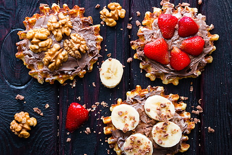 food, chocolate, strawberry, bananas, nuts, cream, waffles, sweet, HD wallpaper HD wallpaper