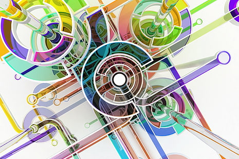 الفن الرقمي ، مجردة ، دائرة ، ملونة ، ثلاثية الأبعاد ، خطوط ، خلفية بيضاء، خلفية HD HD wallpaper