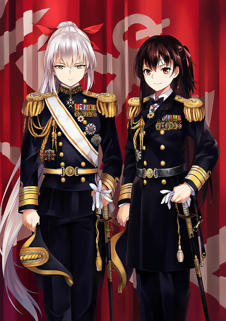обои с двумя персонажами женского аниме, аниме, аниме девушки, Kantai Collection, Admiral (KanColle), униформа, меч, оружие, длинные волосы, седые волосы, брюнетка, желтые глаза, карие глаза, HD обои, телефон обои