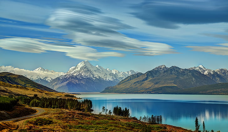 Dağlar, Aoraki / Mount Cook, Aotearoa, Bulut, Göl, Peyzaj, Mount Cook, Dağ, Yeni Zelanda, Yol, Gökyüzü, Güney Adası (Yeni Zelanda), Güney Alpler, HD masaüstü duvar kağıdı