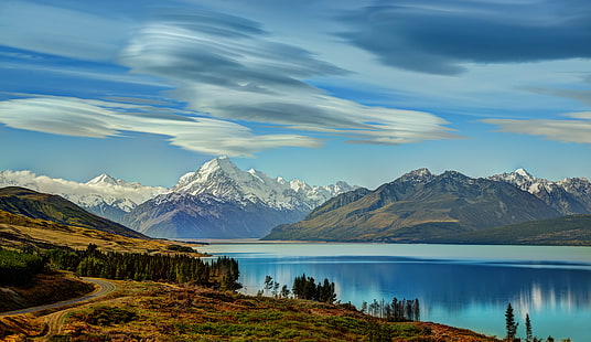 الجبال ، أوراكي / جبل كوك ، أوتياروا ، سحابة ، بحيرة ، منظر طبيعي ، جبل كوك ، جبل ، نيوزيلندا ، طريق ، السماء ، الجزيرة الجنوبية (نيوزيلندا) ، جبال الألب الجنوبية، خلفية HD HD wallpaper