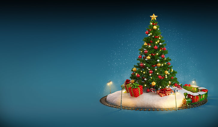 zielona choinka, Nowy Rok, Boże Narodzenie, zima, śnieg, wesołych świąt, dekoracja, choinka, Tapety HD