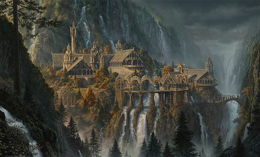 회색 성 그림, 반지의 제왕, 폭포, J. R. R. Tolkien, Rivendell, 삽화, 판타지 아트, HD 배경 화면 HD wallpaper