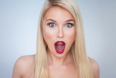 отворена уста, блондинка, модел, жени, HD тапет HD wallpaper