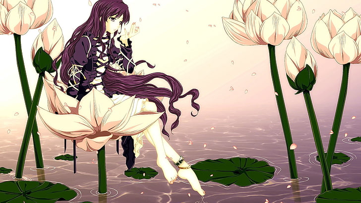 Anime, Anime Mädchen, lange Haare, Brünette, Blumen, wegsehen, HD-Hintergrundbild