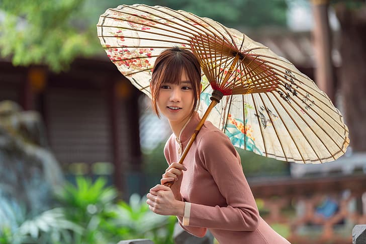Asian, model, women, long hair, dark hair, paper umbrellas, HD wallpaper