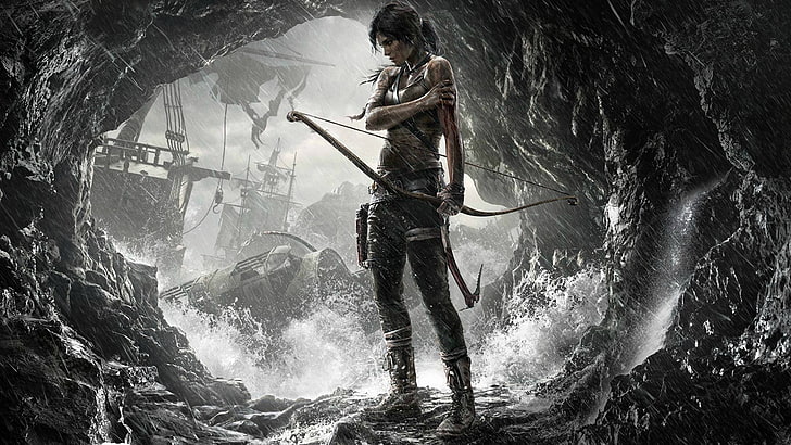 Wanita memegang busur wallpaper digital, Tomb Raider, Lara Croft, video game, busur, Wallpaper HD