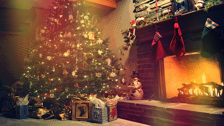 зелено коледно дърво, Коледа, дървета, камина, светлини, играчки, HD тапет