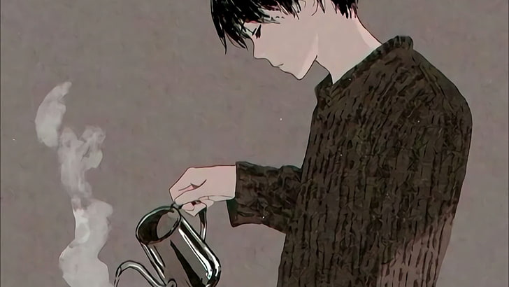 drawing, anime art, anime guy, anime boy, coffee, illustration, HD wallpaper