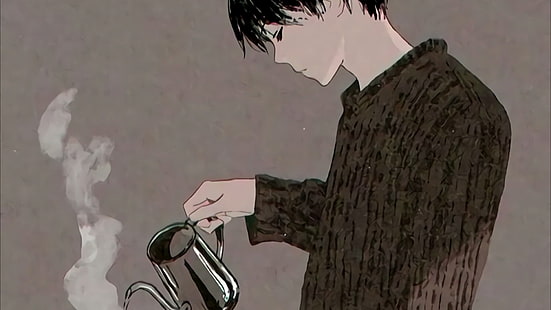 drawing, anime art, anime guy, anime boy, coffee, illustration, HD wallpaper HD wallpaper