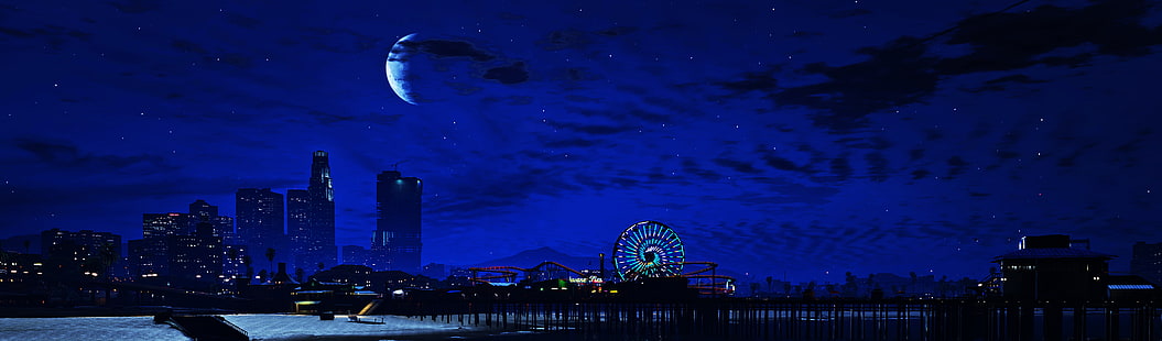silhouette de bâtiments la nuit papier peint, paysage, ville, la ville, la lune, nuit, GTA V, Grand Theft Auto v, Les Saints, San Andres, Fond d'écran HD HD wallpaper